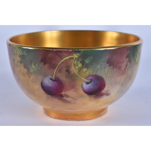 245 - A ROYAL WORCESTER FRUIT PAINTED PORCELAIN JUG together with a similar bowl by Ayrton. (2)