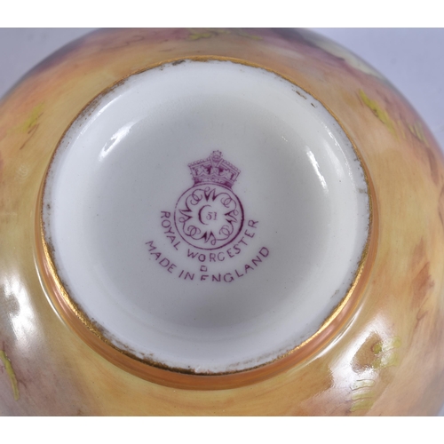 245 - A ROYAL WORCESTER FRUIT PAINTED PORCELAIN JUG together with a similar bowl by Ayrton. (2)