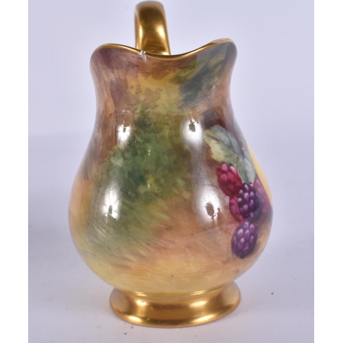 245 - A ROYAL WORCESTER FRUIT PAINTED PORCELAIN JUG together with a similar bowl by Ayrton. (2)