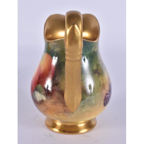 245 - A ROYAL WORCESTER FRUIT PAINTED PORCELAIN JUG together with a similar bowl by Ayrton. (2)