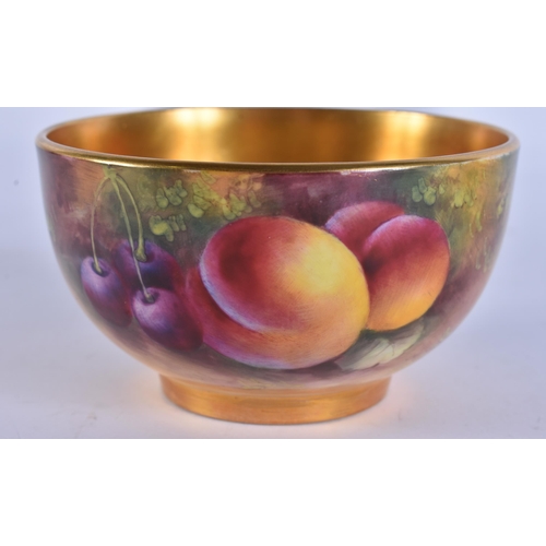 245 - A ROYAL WORCESTER FRUIT PAINTED PORCELAIN JUG together with a similar bowl by Ayrton. (2)
