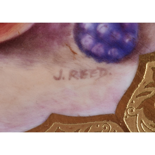 250 - A PAIR OF ROYAL WORCESTER FRUIT PAINTED PORCELAIN PLATES by Reed. 25 cm wide.