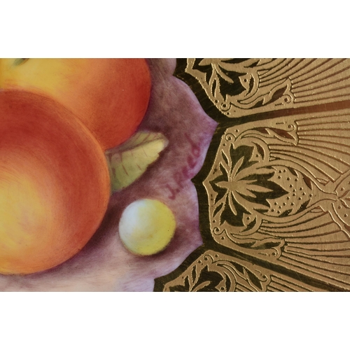 250 - A PAIR OF ROYAL WORCESTER FRUIT PAINTED PORCELAIN PLATES by Reed. 25 cm wide.