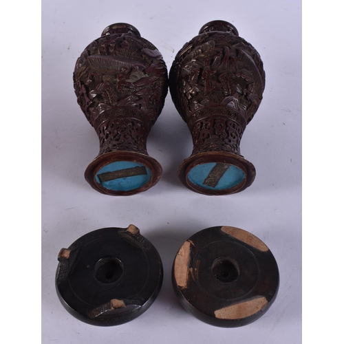 287 - A 19TH CENTURY CHINESE CINNABAR LACQUER DISH together with a pair of vases. (3)