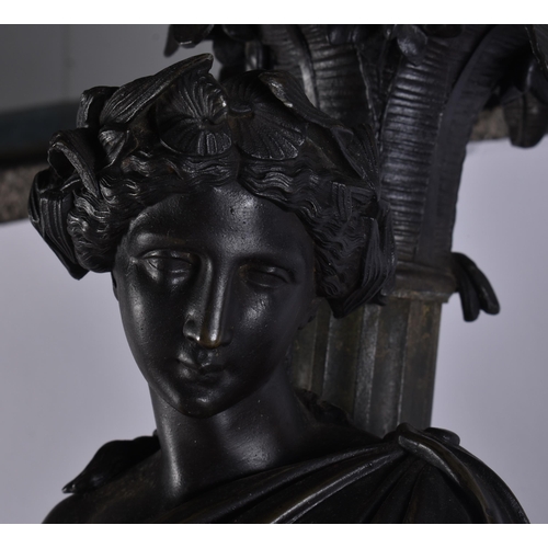 30 - A LOVELY LARGE PAIR OF VICTORIAN COUNTRY HOUSE SPELTER LAMPS formed as classical figures upon pedest... 