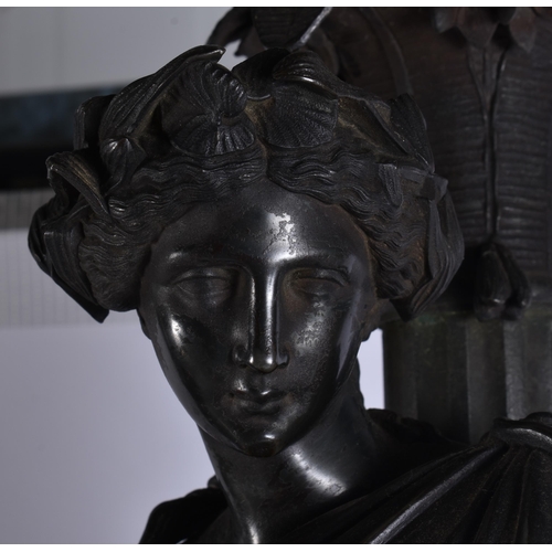 30 - A LOVELY LARGE PAIR OF VICTORIAN COUNTRY HOUSE SPELTER LAMPS formed as classical figures upon pedest... 