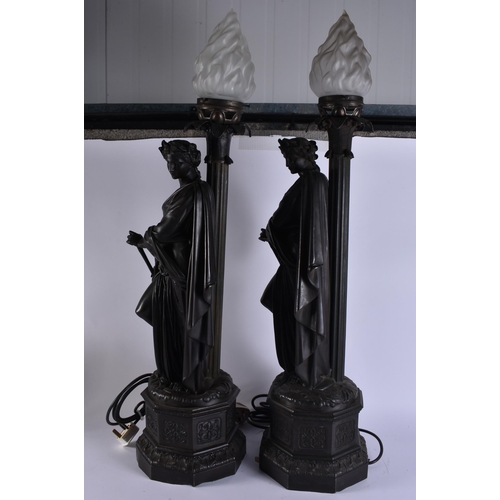 30 - A LOVELY LARGE PAIR OF VICTORIAN COUNTRY HOUSE SPELTER LAMPS formed as classical figures upon pedest... 