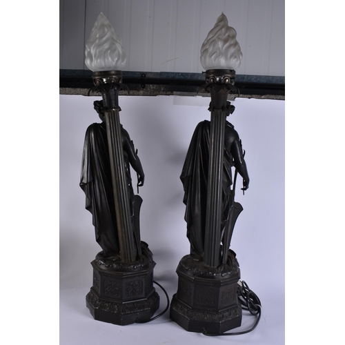 30 - A LOVELY LARGE PAIR OF VICTORIAN COUNTRY HOUSE SPELTER LAMPS formed as classical figures upon pedest... 