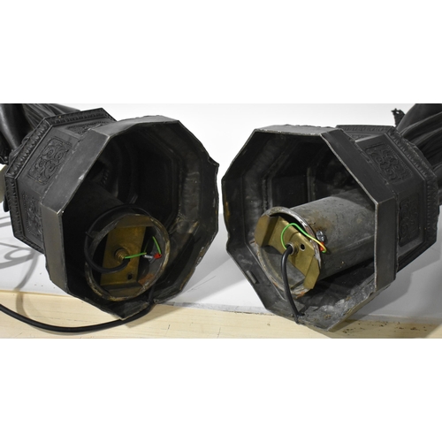 30 - A LOVELY LARGE PAIR OF VICTORIAN COUNTRY HOUSE SPELTER LAMPS formed as classical figures upon pedest... 