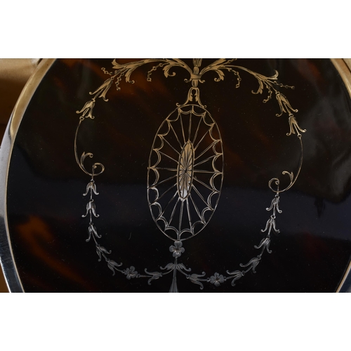 33 - AN ANTIQUE SILVER AND TORTOISESHELL DRESSING TABLE SET. 750 grams overall. Box 42 cm x 32 cm.