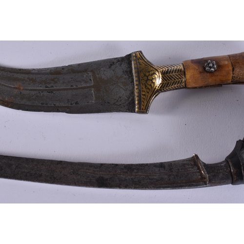 34 - TWO ANTIQUE MIDDLE EASTERN KNIVES etc. Largest 27 cm long. (3) WE ARE UNABLE TO OFFER IN HOUSE SHIPP... 