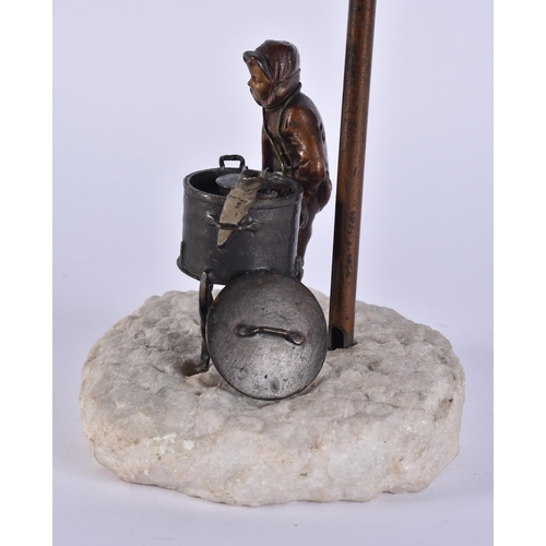 342 - AN EARLY 20TH CENTURY AUSTRIAN COLD PAINTED BRONZE LAMP formed as a boy beside a burning fire. 35 cm... 