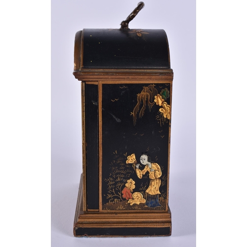 345 - AN ASPREY ELLIOTT OF LONDON CHINOISERIE CLOCK. 23 cm high inc handle.