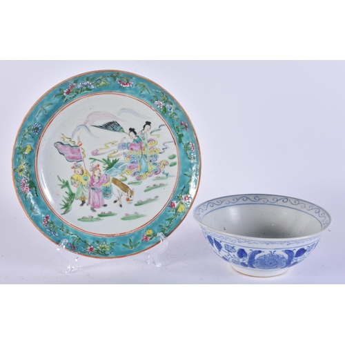 364 - A 19TH CENTURY CHINESE FAMILLE ROSE PORCELAIN IMMORTALS PLATE together with a bowl. Largest 20 cm wi... 