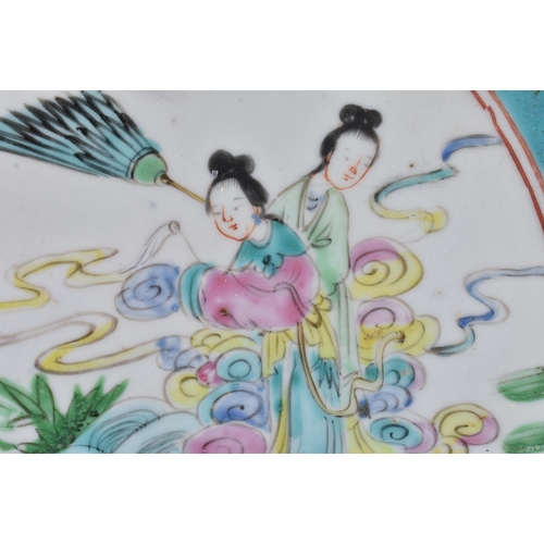 364 - A 19TH CENTURY CHINESE FAMILLE ROSE PORCELAIN IMMORTALS PLATE together with a bowl. Largest 20 cm wi... 