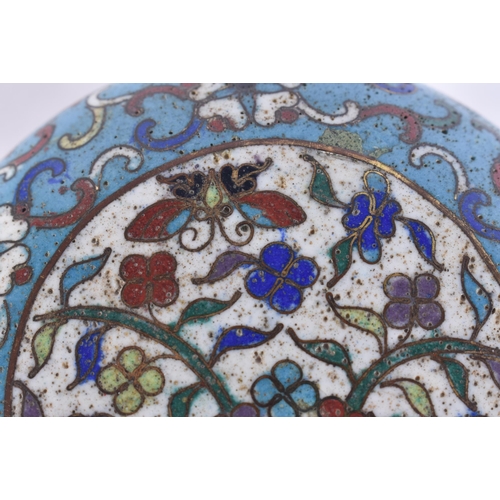 40E - A 19TH CENTURY CHINESE CLOISONNE ENAMEL CIRCULAR BOX AND COVER decorated with foliage. 9 cm diameter... 