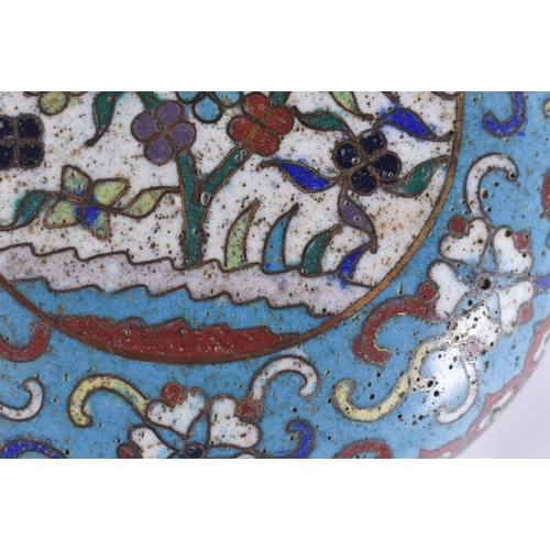 40E - A 19TH CENTURY CHINESE CLOISONNE ENAMEL CIRCULAR BOX AND COVER decorated with foliage. 9 cm diameter... 