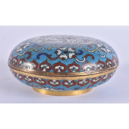 40E - A 19TH CENTURY CHINESE CLOISONNE ENAMEL CIRCULAR BOX AND COVER decorated with foliage. 9 cm diameter... 