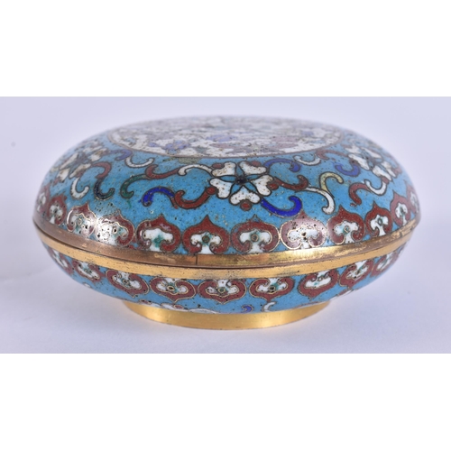 40E - A 19TH CENTURY CHINESE CLOISONNE ENAMEL CIRCULAR BOX AND COVER decorated with foliage. 9 cm diameter... 