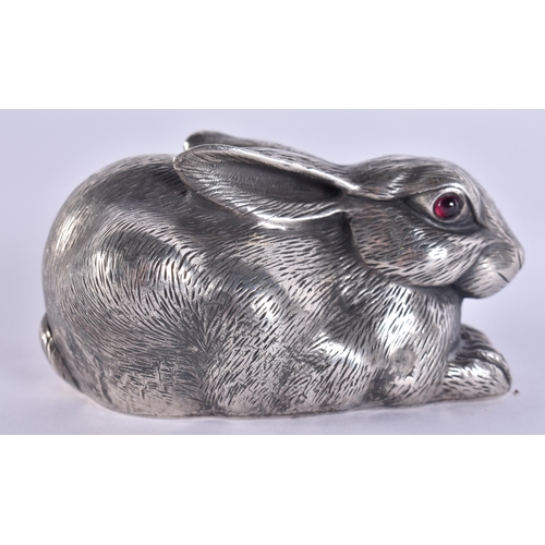 40H - A CONTINENTAL SILVER FIGURE OF A HARE. 86 grams. 7 cm wide.