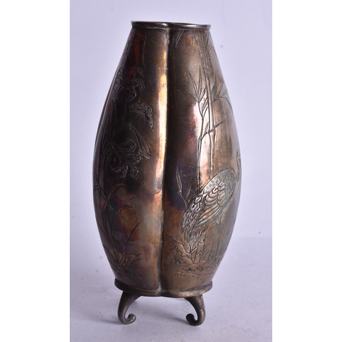 486 - A 19TH CENTURY JAPANESE MEIJI PERIOD WHITE METAL VASE decorated with birds. 18 cm high.