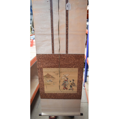 496 - A LATE 19TH/20TH CENTURY JAPANESE MEIJI PERIOD WATERCOLOUR SCROLL. 102 cm x 45 cm.