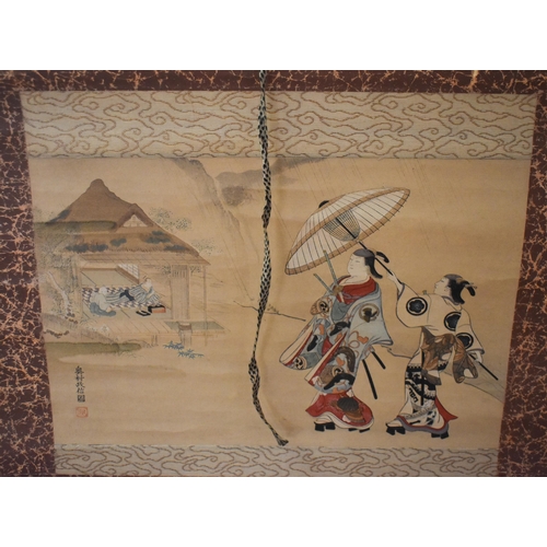 496 - A LATE 19TH/20TH CENTURY JAPANESE MEIJI PERIOD WATERCOLOUR SCROLL. 102 cm x 45 cm.
