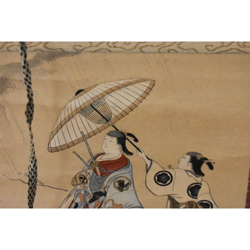496 - A LATE 19TH/20TH CENTURY JAPANESE MEIJI PERIOD WATERCOLOUR SCROLL. 102 cm x 45 cm.