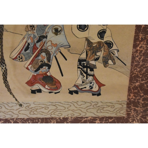 496 - A LATE 19TH/20TH CENTURY JAPANESE MEIJI PERIOD WATERCOLOUR SCROLL. 102 cm x 45 cm.