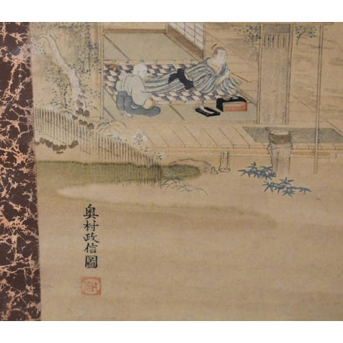 496 - A LATE 19TH/20TH CENTURY JAPANESE MEIJI PERIOD WATERCOLOUR SCROLL. 102 cm x 45 cm.