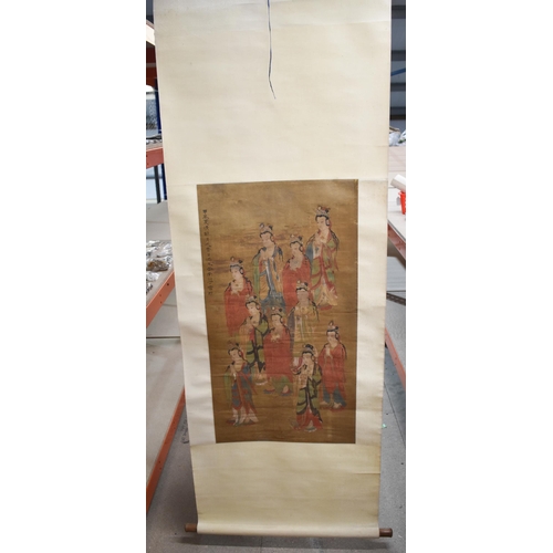 551 - A 19TH CENTURY ORIENTAL PAINTED IMMORTAL SCROLL. 174 cm x 60 cm.