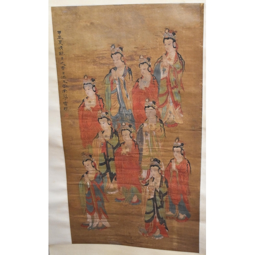 551 - A 19TH CENTURY ORIENTAL PAINTED IMMORTAL SCROLL. 174 cm x 60 cm.