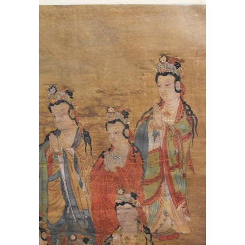 551 - A 19TH CENTURY ORIENTAL PAINTED IMMORTAL SCROLL. 174 cm x 60 cm.