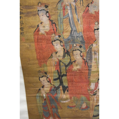 551 - A 19TH CENTURY ORIENTAL PAINTED IMMORTAL SCROLL. 174 cm x 60 cm.