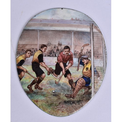 603 - A RARE ANTIQUE ENAMEL HOCKEY PLAQUE. 14 cm x 10 cm.