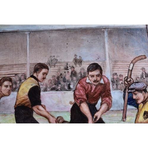 603 - A RARE ANTIQUE ENAMEL HOCKEY PLAQUE. 14 cm x 10 cm.
