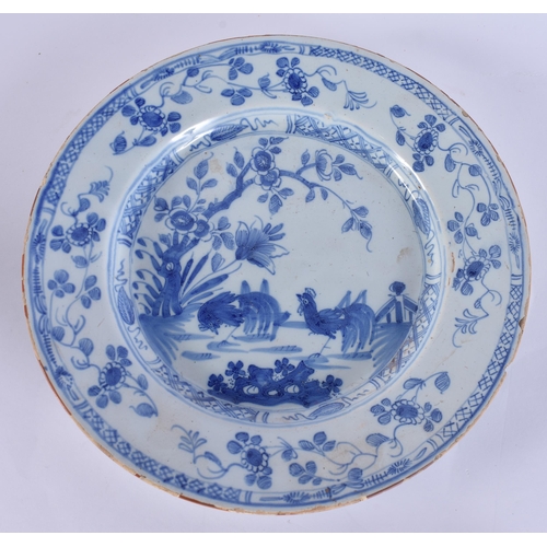 60F - A RARE 18TH CENTURY DELFT BLUE AND WHITE TIN GLAZED DISH together with two others. 21.5 cm wide. (3)