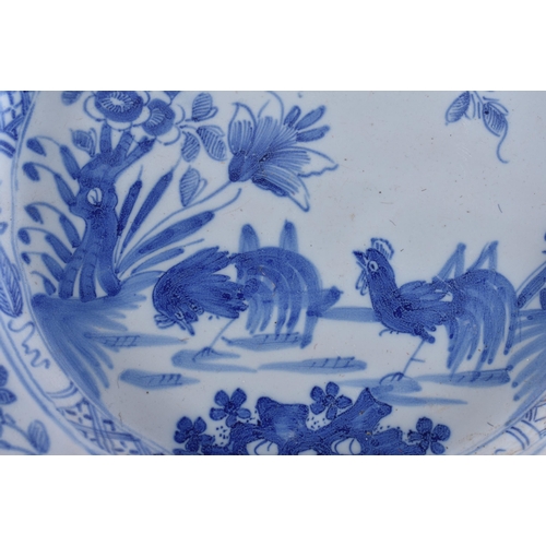 60F - A RARE 18TH CENTURY DELFT BLUE AND WHITE TIN GLAZED DISH together with two others. 21.5 cm wide. (3)