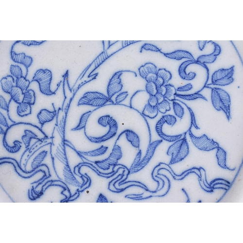 60F - A RARE 18TH CENTURY DELFT BLUE AND WHITE TIN GLAZED DISH together with two others. 21.5 cm wide. (3)