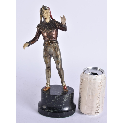 649 - AN ART DECO COLD PAINTED SPELTER FIGURE OF A JESTER. 30 cm high.