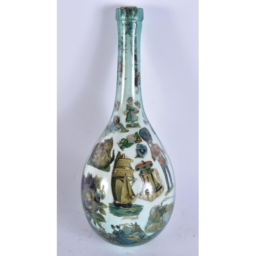 672 - A DECLOMANIA GLASS BOTTLE. 26 cm long.