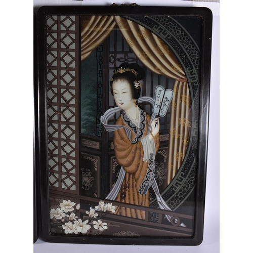 7 - A LARGE PAIR OF EARLY 20TH CENTURY CHINESE REVERSE PAINTED PAINTINGS Late Qing/Republic. 70 cm x 50 ... 