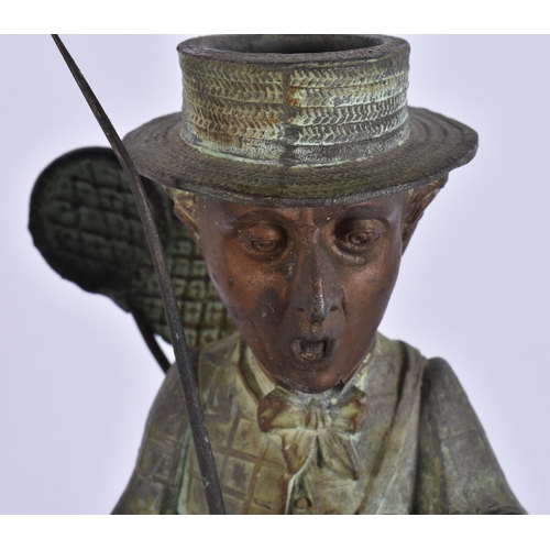 708 - A PAIR OF ART DECO SPELTER NOVELTY FISHERMAN CANDLESTICKS. 34 cm high.