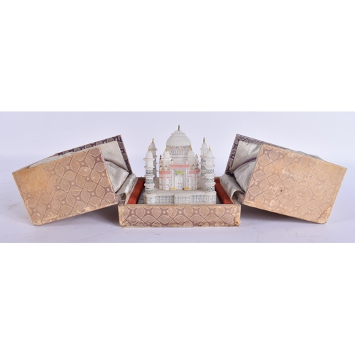 759 - A CASED ALABASTER MODEL OF THE TAJ MAHAL. 12 cm x 8.5 cm.