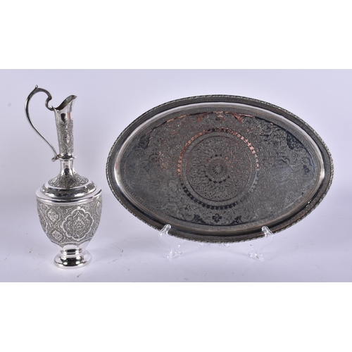 77 - A FINE ISLAMIC PERSIAN MIDDLE EASTERN SILVER EWER AND TRAY. 676 grams. Largest 27 cm wide. (2)
