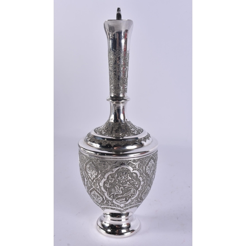 77 - A FINE ISLAMIC PERSIAN MIDDLE EASTERN SILVER EWER AND TRAY. 676 grams. Largest 27 cm wide. (2)
