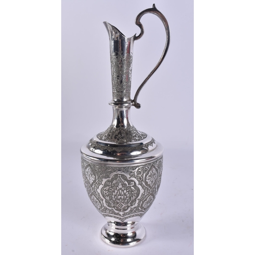 77 - A FINE ISLAMIC PERSIAN MIDDLE EASTERN SILVER EWER AND TRAY. 676 grams. Largest 27 cm wide. (2)