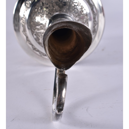 77 - A FINE ISLAMIC PERSIAN MIDDLE EASTERN SILVER EWER AND TRAY. 676 grams. Largest 27 cm wide. (2)
