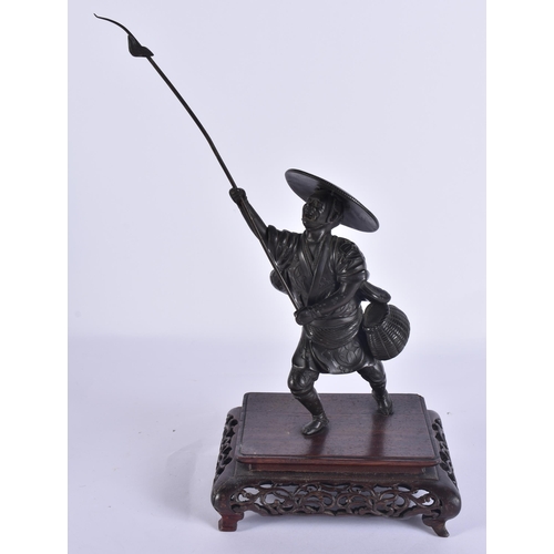 80C - A 19TH CENTURY JAPANESE MEIJI PERIOD BRONZE OKIMONO modelled as a male with a speared bird. Bronze 2... 