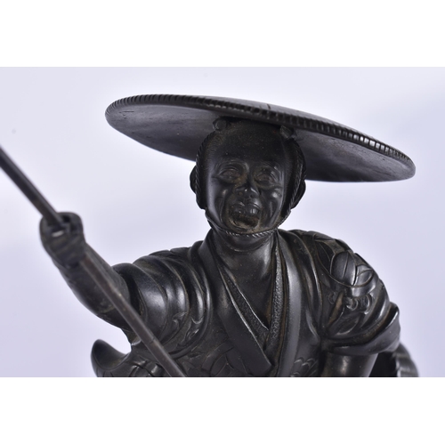 80C - A 19TH CENTURY JAPANESE MEIJI PERIOD BRONZE OKIMONO modelled as a male with a speared bird. Bronze 2... 